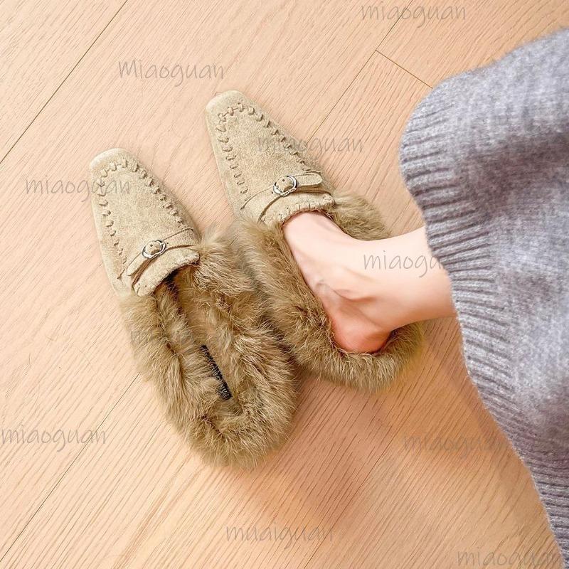 Ciabatte da donna alla moda a punta con fibbia e cinturino, mules con zeppa, calzature invernali calde e casual per donna, pantofole morbide Mujer
