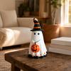 Yousheng Halloween Ghost Figurine with Witch Hat, Cute Small Resin Ghost Holding Pumpkin Statue for Home Table Shelf Desk Decor