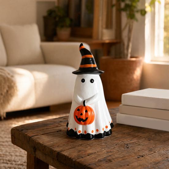 Yousheng Halloween Ghost Figurine with Witch Hat, Cute Small Resin Ghost Holding Pumpkin Statue for Home Table Shelf Desk Decor