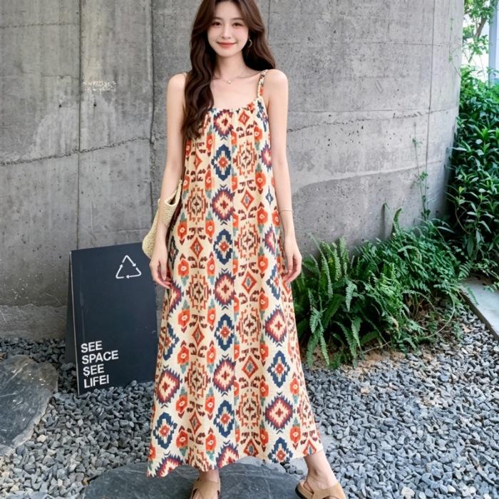 Summer vacation-style long skirt, loose slimming suspender pants dress, bohemian ethnic style printed slip dress for women S