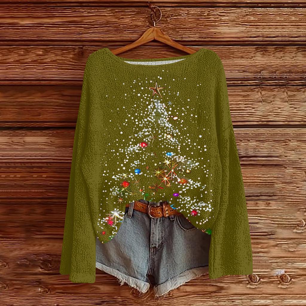 Women's Casual Fashion Round Neck Top Christmas Print Long Sleeve Knit Pullover
