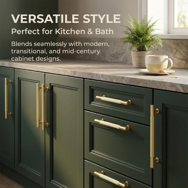 Ribbed Grip Cabinet Pull Handle, Brushed Gold Bar Hardware for Drawer Fronts, Bedside Storage and Cabinet Face