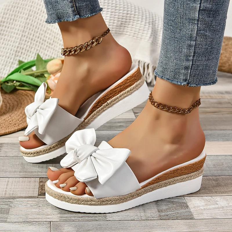 Fashion Fashion Bowknot Wedge Slippers for Women 2025 Summer Comfortable Non Slip Beach Shoes Woman Lightweight White Platform Sandals