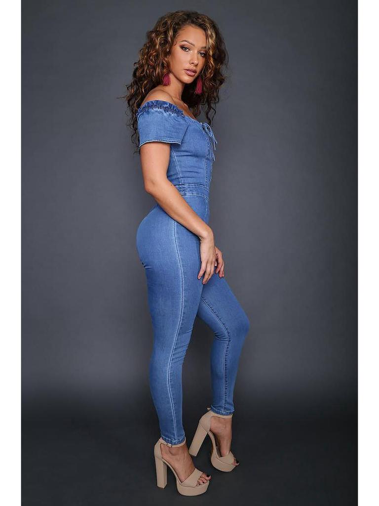 Women's One-shoulder Eyelet Lace-up Sexy Denim Jumpsuit - European & American Fashion 2023