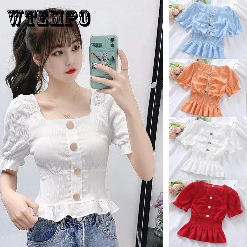 Ruffled Short-sleeve Shirt Nipped Waist Solid Pleated Button Down Top Female Chiffon Blouse Square Neck Chiffon Shirt