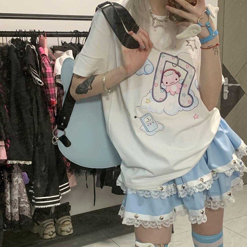 Sommer Kawaii Süße T-Shirts Damen Japanische Mode Harajuku Streetwear Cartoon-Druck Lockere T-Shirts Oberteile Weich Gril Y2k