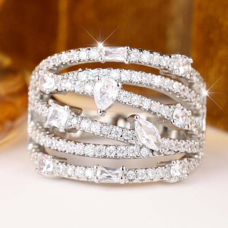 Glamorous Silver Color Multi Layer Zircon Band Ring for Women Wedding Banquet Daily and Party