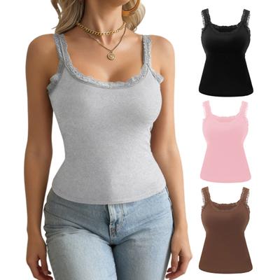 Lace Tank Top for Women Spaghetti Strap Sleeveless Camisole Top with Built In Bra Summer Basic Cami Shirt