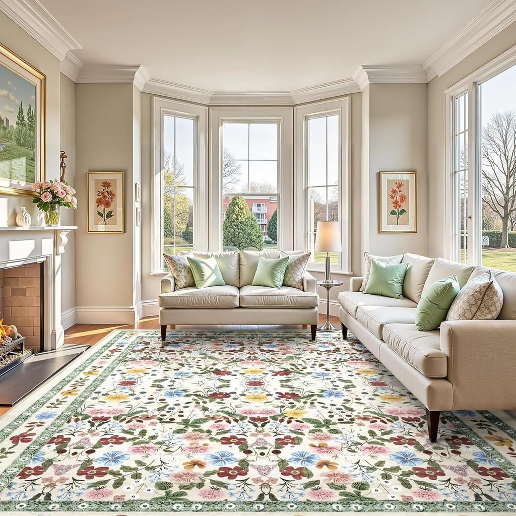 Floral Living Room Carpet Sofa Coffee Table Green Large Rug Soft Bedroom Bed Floor Mat Machine Washable Home Decoration Teppich