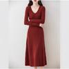 Autumn and Winter New V-neck Thin Medium and Long Knitted Dress Women's Solid Color Temperament Simple Inside with a Bottom Sweater Skirt