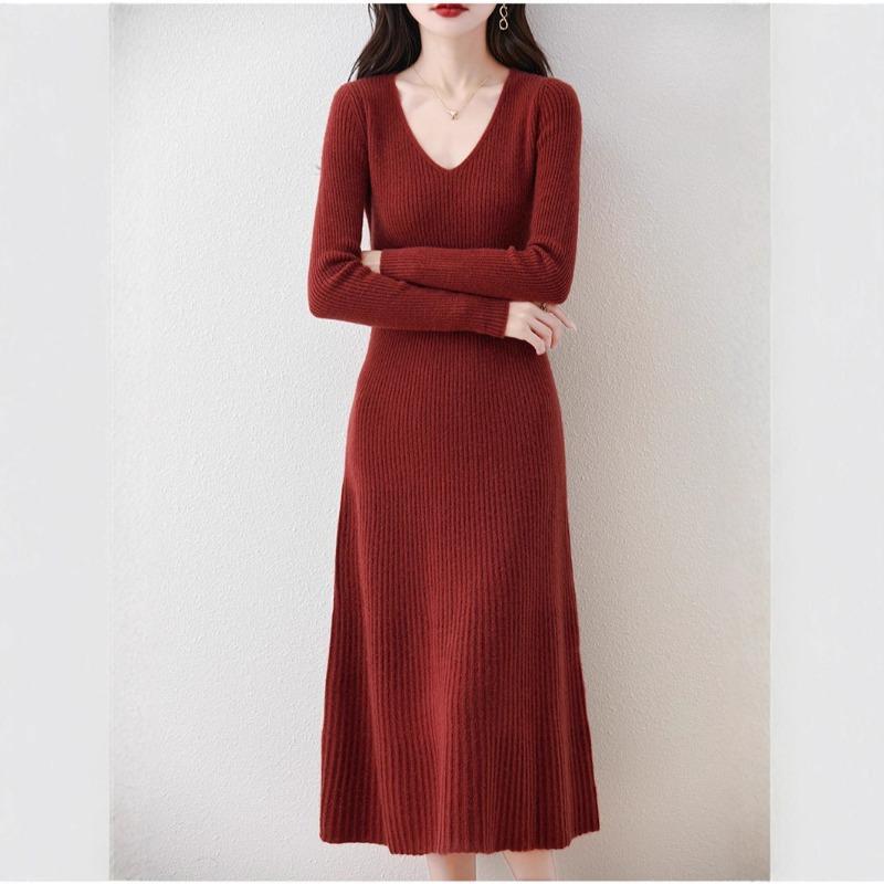 Autumn and Winter New V-neck Thin Medium and Long Knitted Dress Women's Solid Color Temperament Simple Inside with a Bottom Sweater Skirt