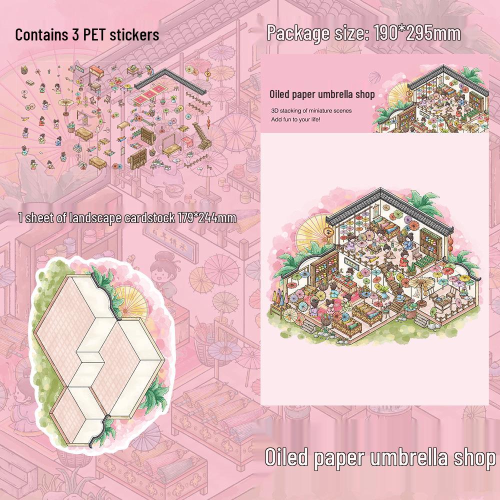 3 Large Scenery Umbrella Stickers: PET Oil Paper, DIY Miniature, Fun House, Decompression Journal