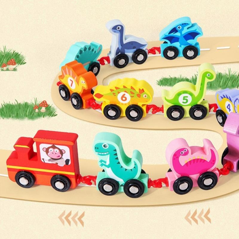 Magnetic Dinosaur Theme Wood Train Set Educational Toy For Early Learning And Hand Eye Coordination For Children