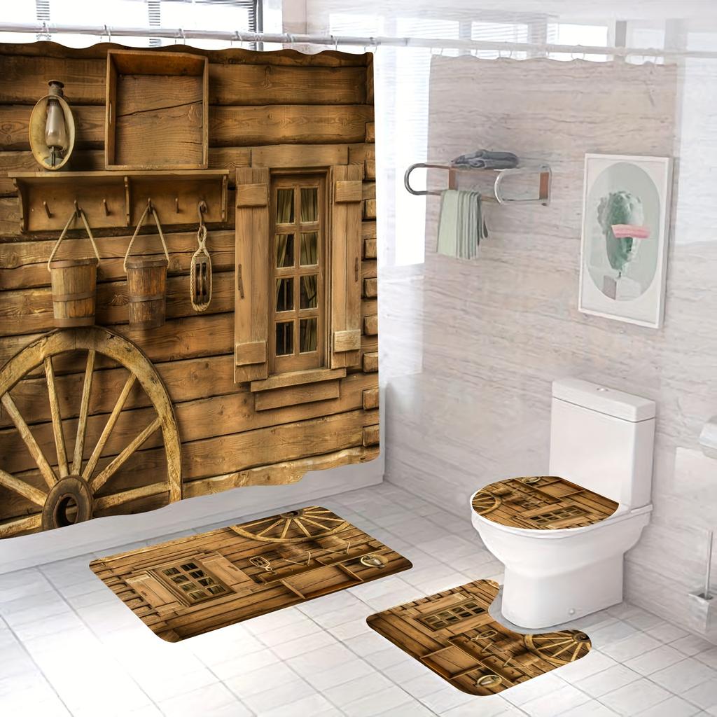 Cozy Rustic Wooden Cabin In Forest Bathroom Set - Waterproof Shower Curtain, Toilet Lid Cover, Bath Mat, And Contour Mat