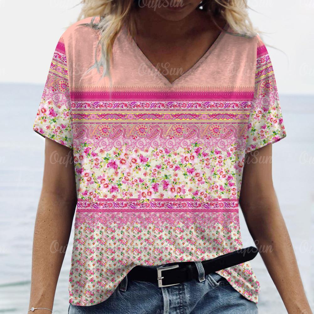 Vintage Damen T-Shirt Ethnischer Blumendruck Übergroße Bluse Damen Trendige Kleidung Mode Kurzarmshirt Damen V-Ausschnitt Hund
