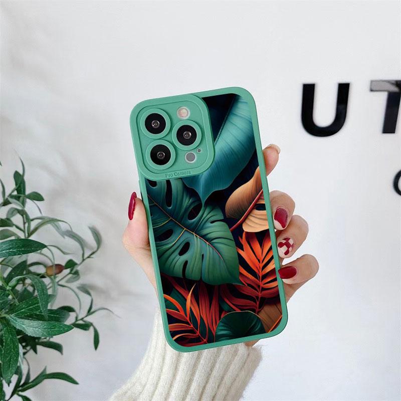 Leaves Monstera Green Case For iPhone 14 Plus 14 13 12 11 Pro Max XR XS X 7 8 Plus SE 2020 Cases Cute Soft Silicone Back Covers