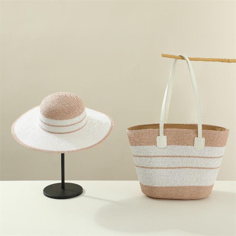 Set Cappello di Paglia e Borsa Tote Con Protezione Solare per Spiaggia e Attività all'Aperto