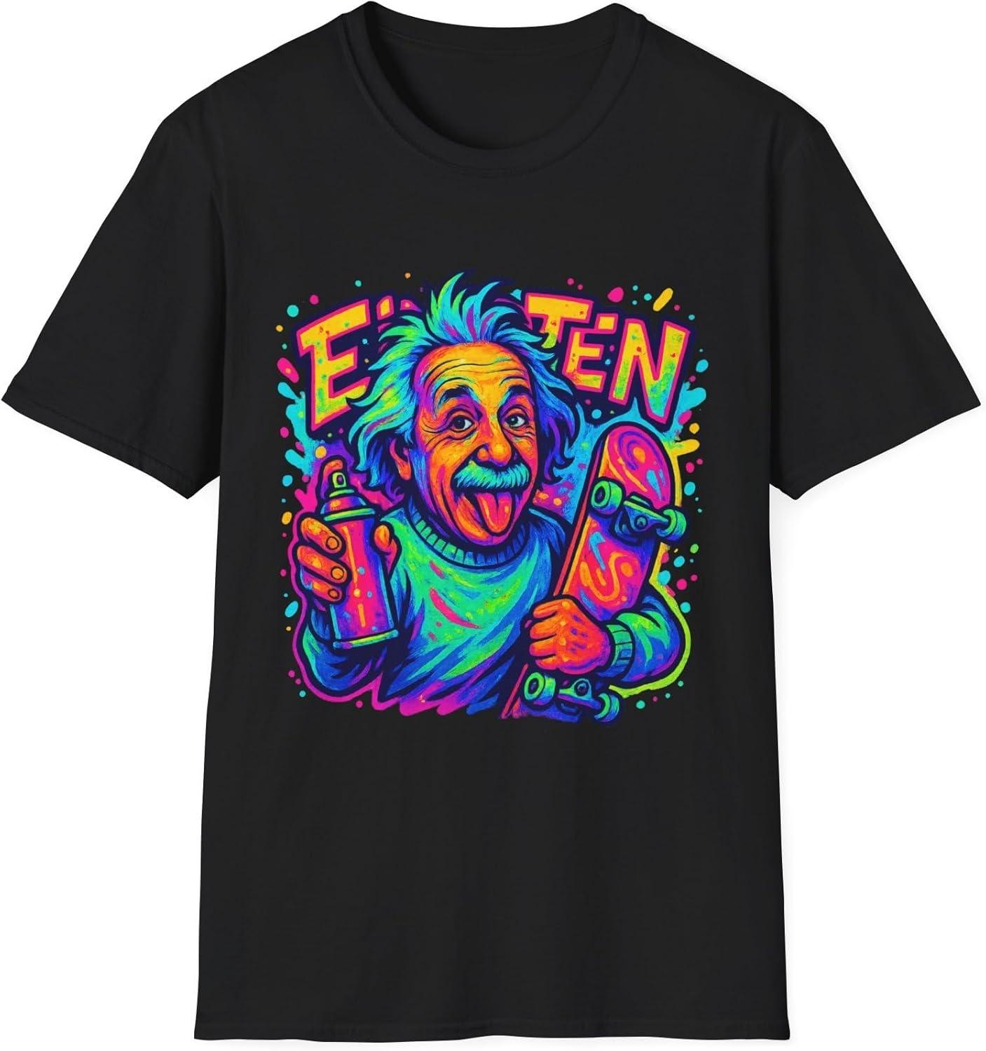 

Street Art Einstein Unisex T-Shirt, Skateboard Graffiti Tee, Neon Colors, Playful Expression M чорний