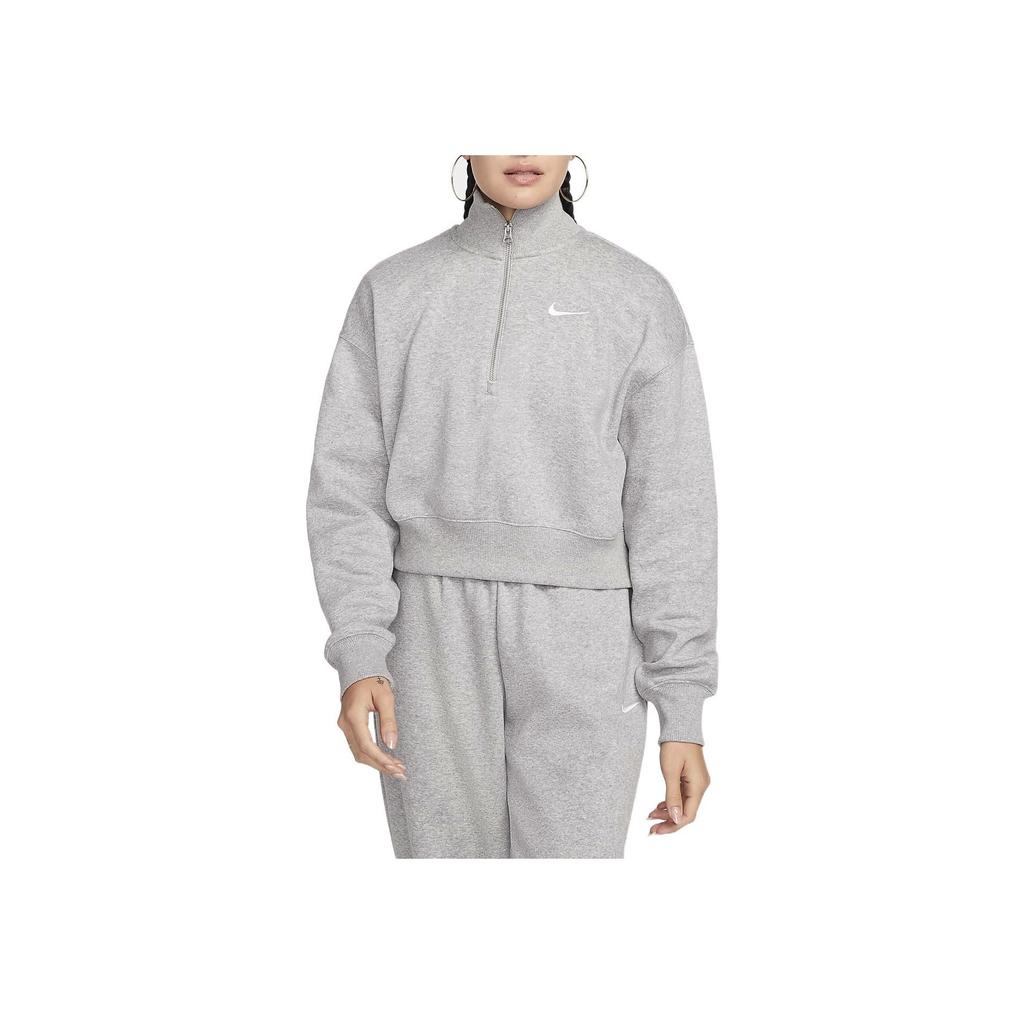 Nike Solid Logo Print Half-Zip Crop Long Sleeve Polo Shirt Women Tops Grey DQ5768-063