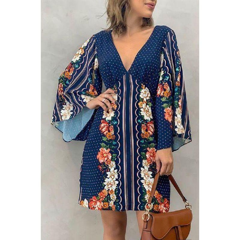 

Модный стиль Модная элегантная женская одежда Платье с длинными рукавами круглым вырезом с принтом Свободное стройнящее и универсальное Повседневное платье для отпуска Navy S