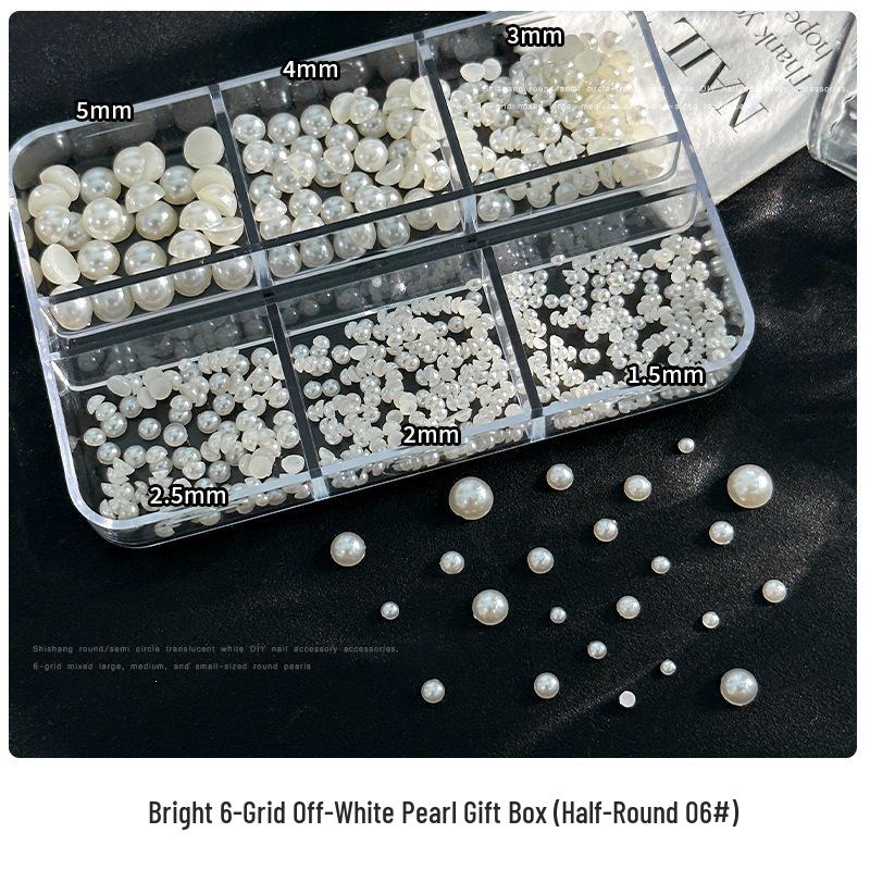 Bright Pearl Nail Art Set: White Flat-Bottom Half-Round Pearls In Mixed Sizes