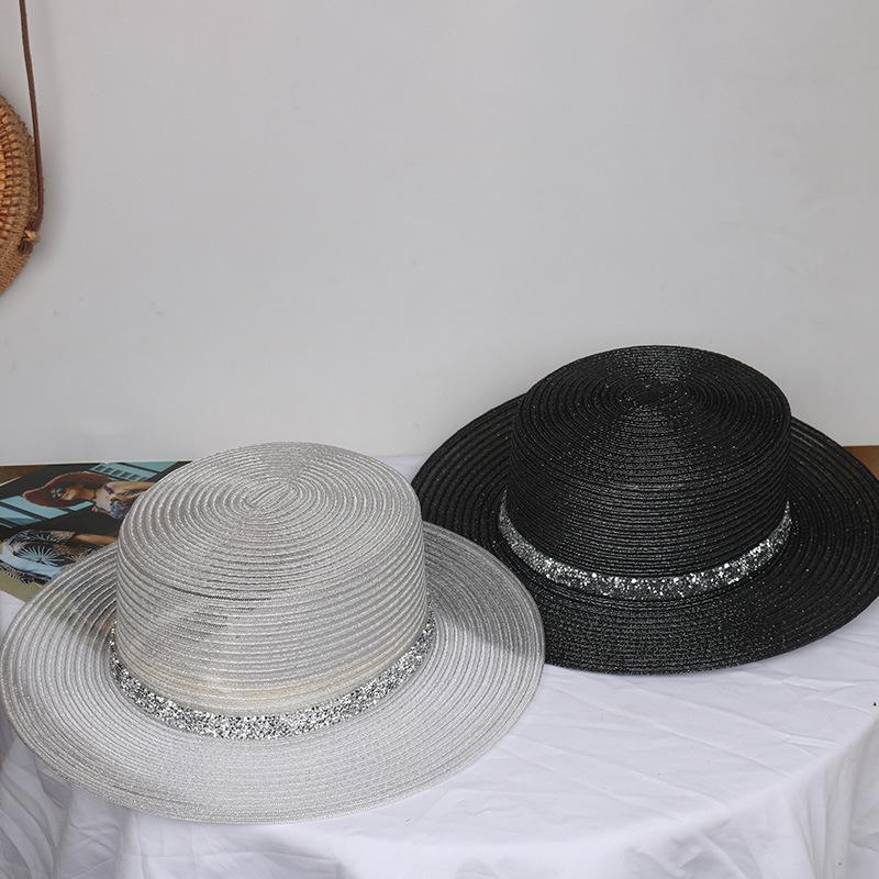 Silver Wire Braided Flat Top Straw Sun Hat With Wide Brim Diamond Waist Cover Light Luxury Summer High-End Sun Protection