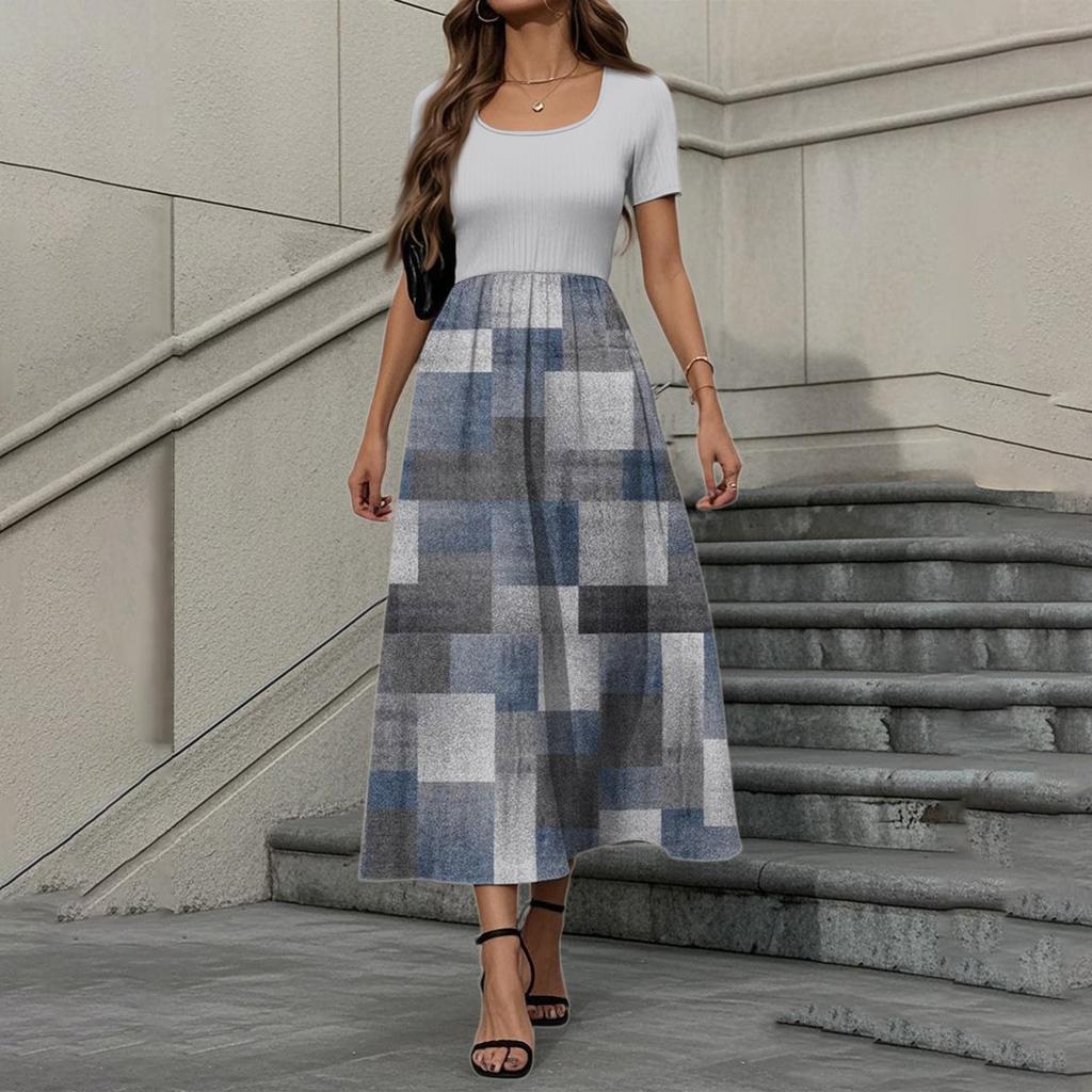 Women's Fashion Casual Short Sleeve Round Neck Splicing Floral Print Elegant Temperament Dress