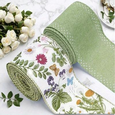 2.5inch Green Wildflowers Wired Edge Ribbon Retro Wild Floral Craft Ribbon Spring Fabric Ribbon for Wreath Bow Making DIY Wrapping