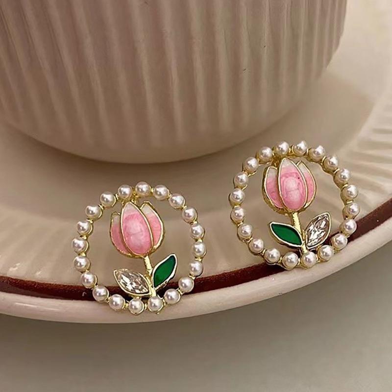Eleagnt Flower Crystals Stone Earrings Imitation Pearls Studs for Women with Gold Plating and Green Rhinestones