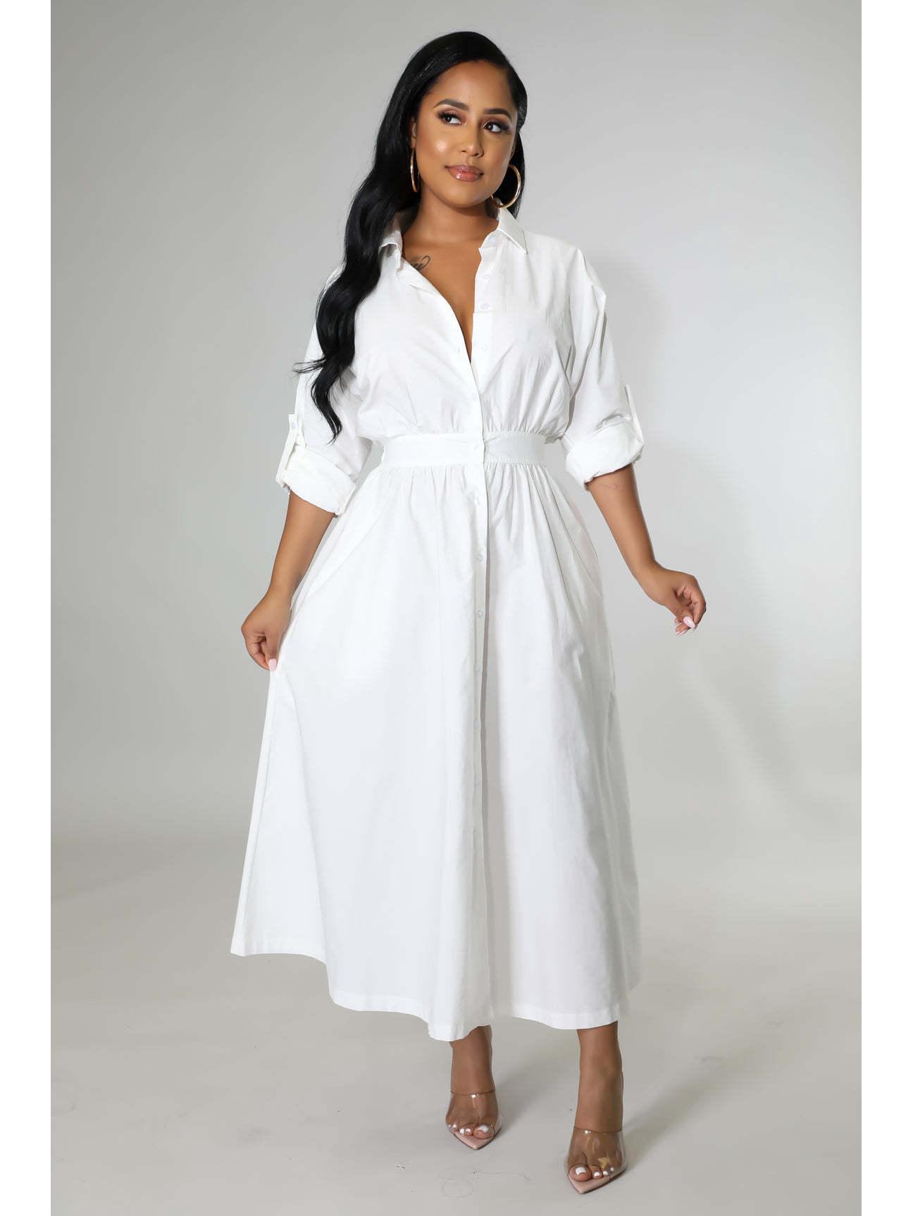 

Європейська та американська жіноча мода Еластична довга сукня-сорочка з вільним поясом та довгими рукавами Large білий