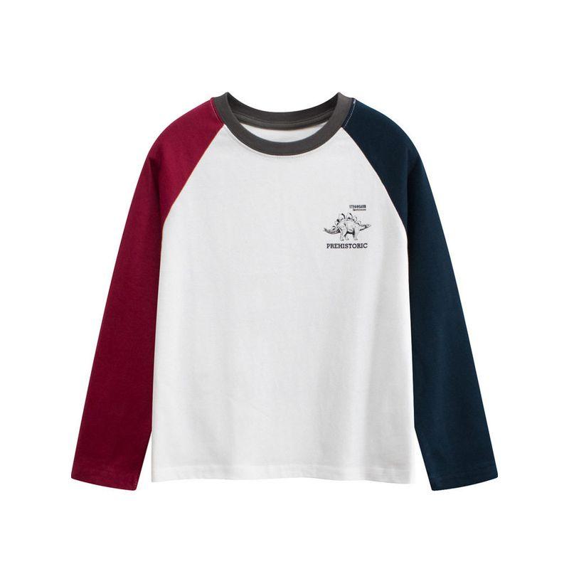 Korean Style Children's Clothing for Older Boys, Spring Cartoon Color-Blocking Round Neck Long-Sleeve T-Shirt, Pure Cotton Base Shirt