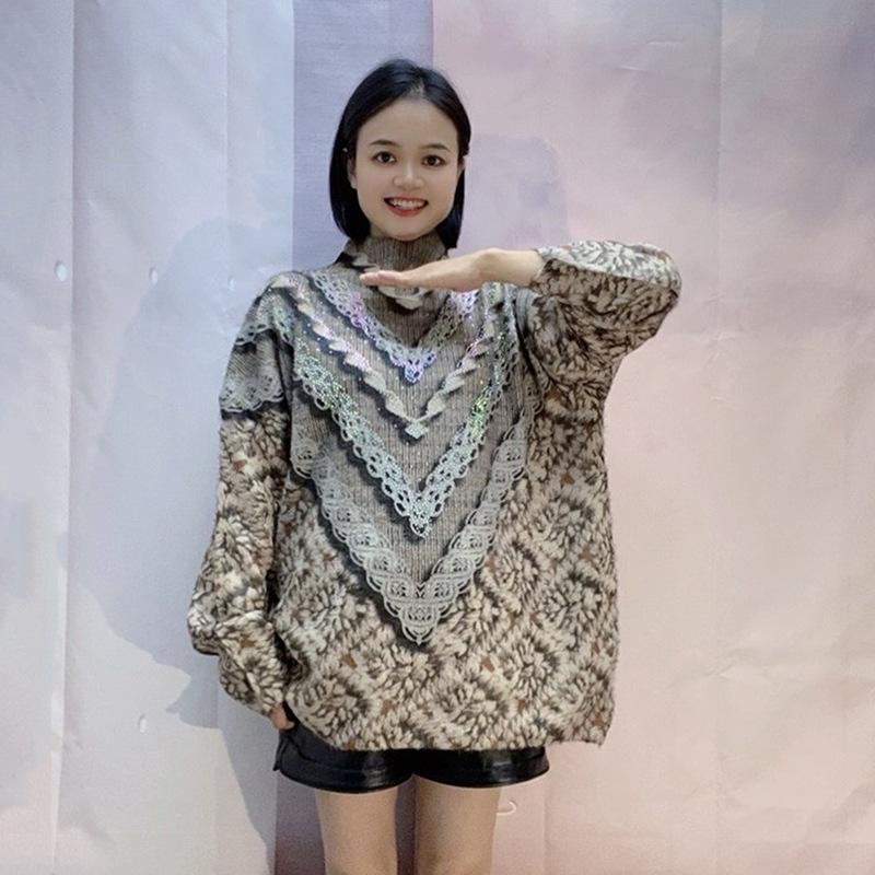 Women's 2024 Retro Print Mink Velvet Sweater - Thickened Half-High Collar Knitwear for Autumn/Winter