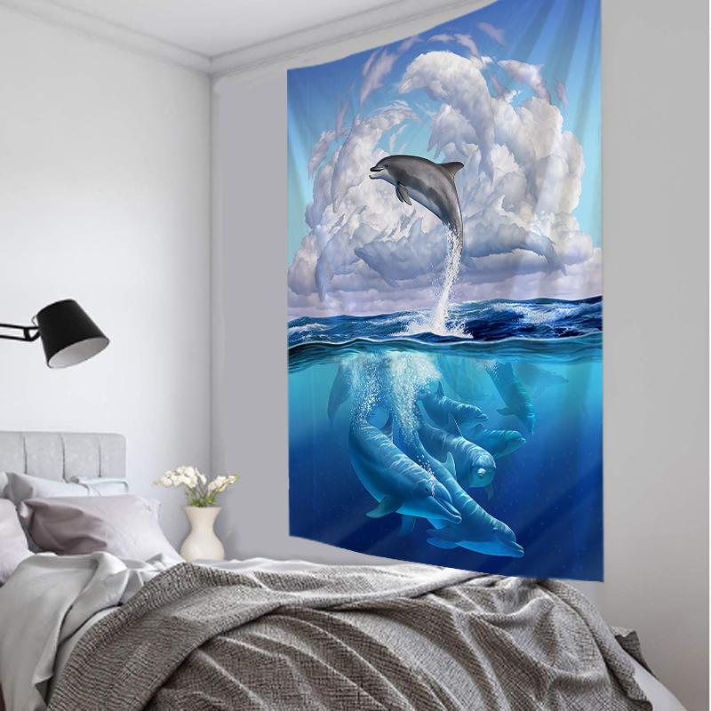 Dolphin Jump Tapestry Wall Hanging Blue Wave Sailboat Bohemia Sofa Carpet Desk Mat Bedroom Living Room Art Decor