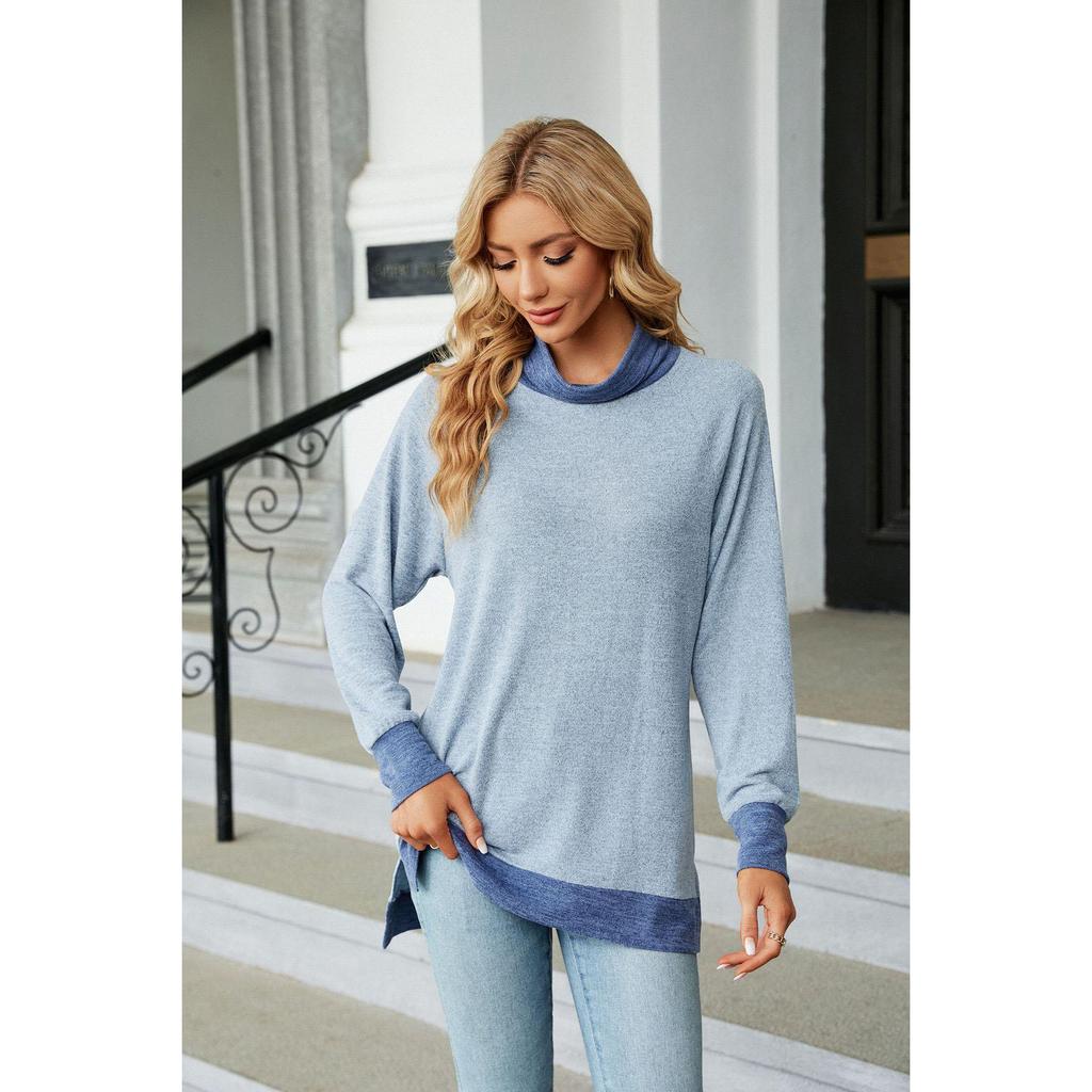 Women's Shirt Color Contrast Long Sleeve on The Shirt with Neck Loose Long Sleeve Slit T-shirt Top for Women Autumn and Winter