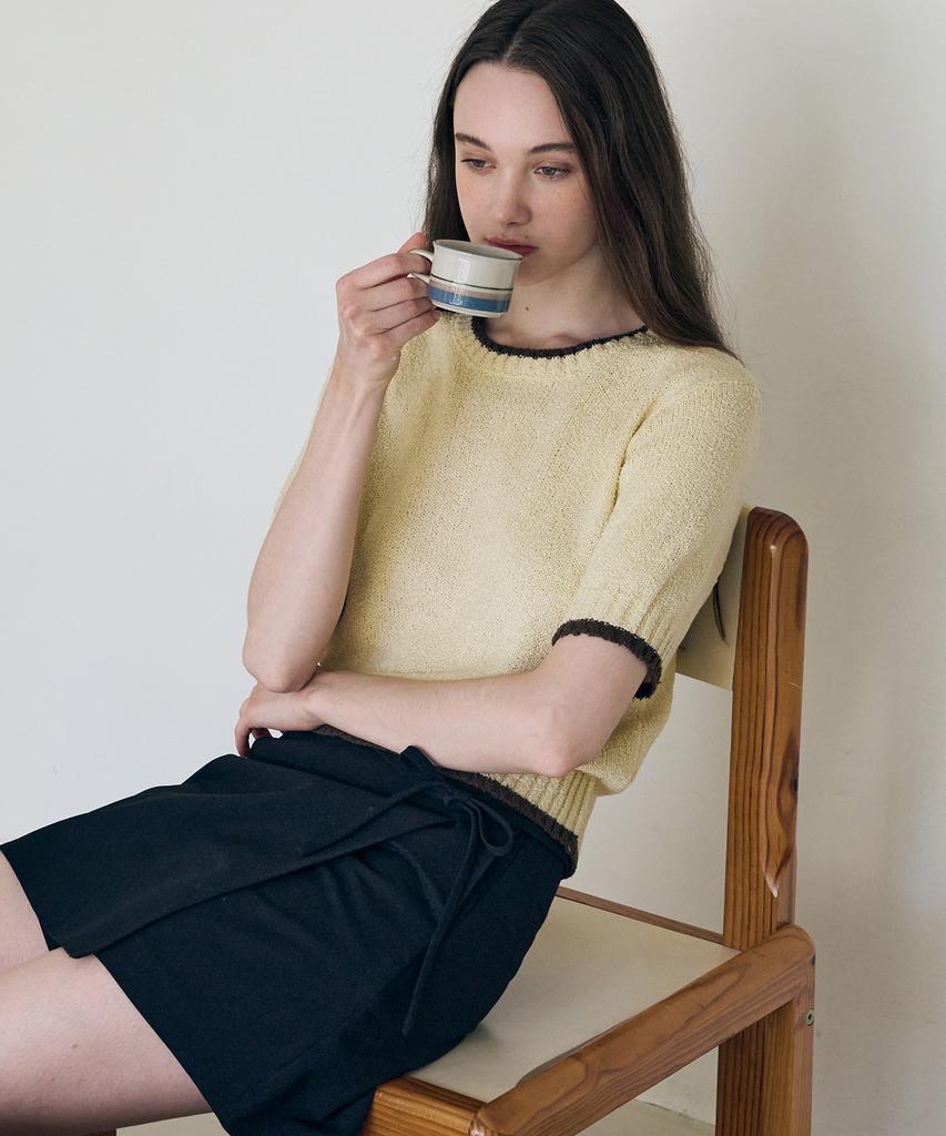 Deuloupisumeon Line Color Block Boucle Short Sleeve Knit [L.Beige]