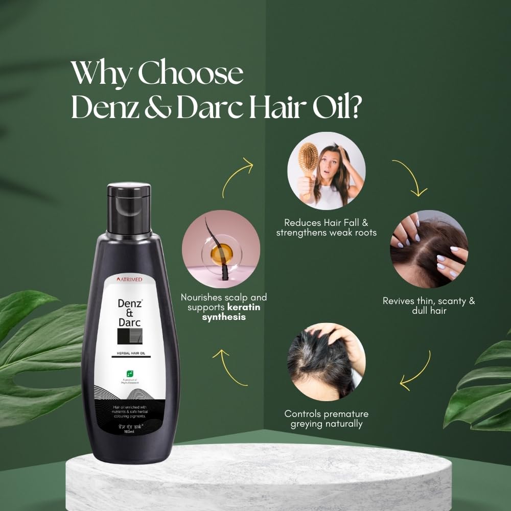 Atrimed Denz & Darc Herbal Hair Oil | 100 ml | Enriched with Nutrients & Safe Herbal Colouring Pigments | Promotes Hair Growth & Natural Hair Col