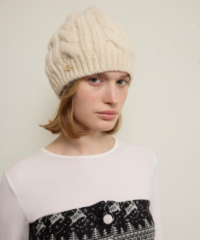 FUNFROMFUN Cable Knit Beret, Cream