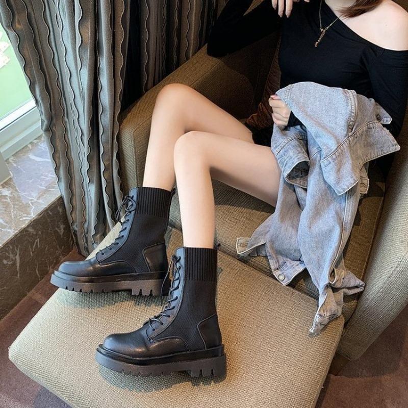 New British Style Knitted Elastic Thick Soled Short Boots Women Autumn Winter Fashion Street Pography Motorcycle Boots Women