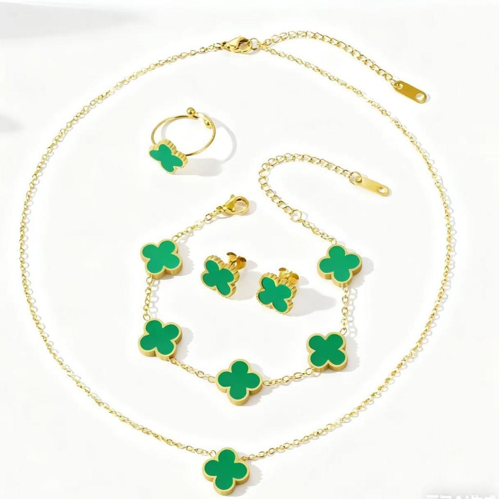 13mm Vierblättriges Kleeblatt Titanstahl Schmuckset: 18K Armband, Halskette, Ohrringe