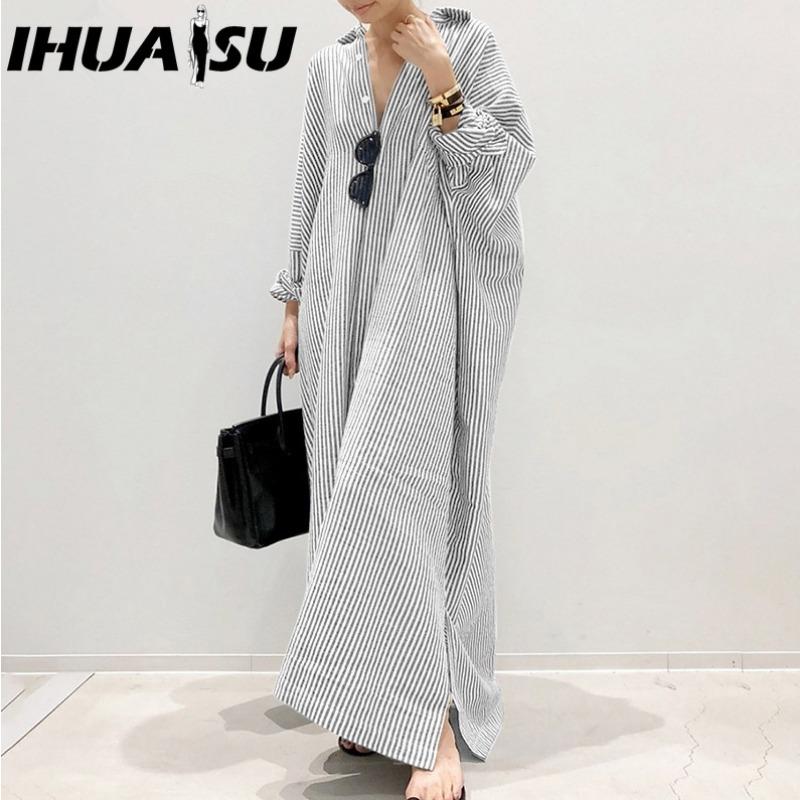 IHUASU Rochie Maxi Casual cu Mânecă Lungă, cu Nasturi, cu Dungi, Stil Coreean pentru Femei