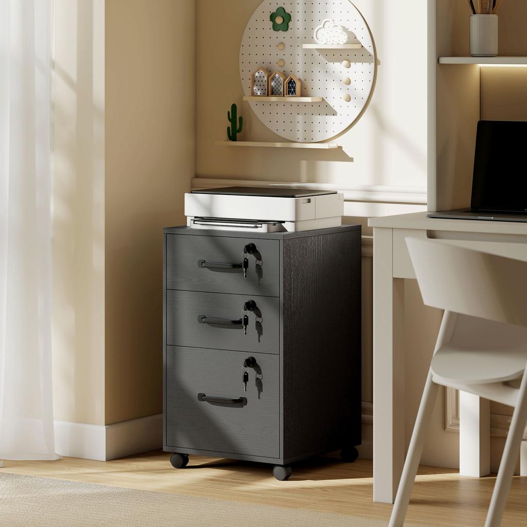 Mobile Office Cabinet with 3 Lockable Drawers, Rolling Storage Cabinet, 40 x 40 x 69.5 cm, Black