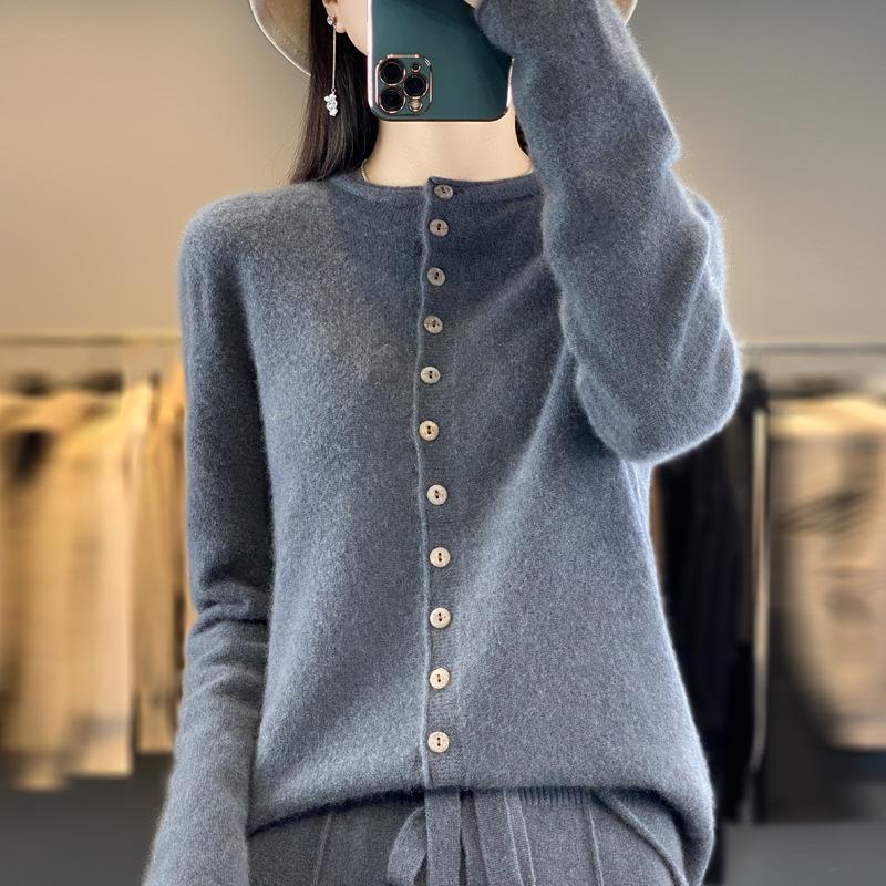 Autumn & Winter Women's Wool Cardigan: Half-High Round Neck, Fashionable Multi-Button, Loose-Fit Knit Base Layer
