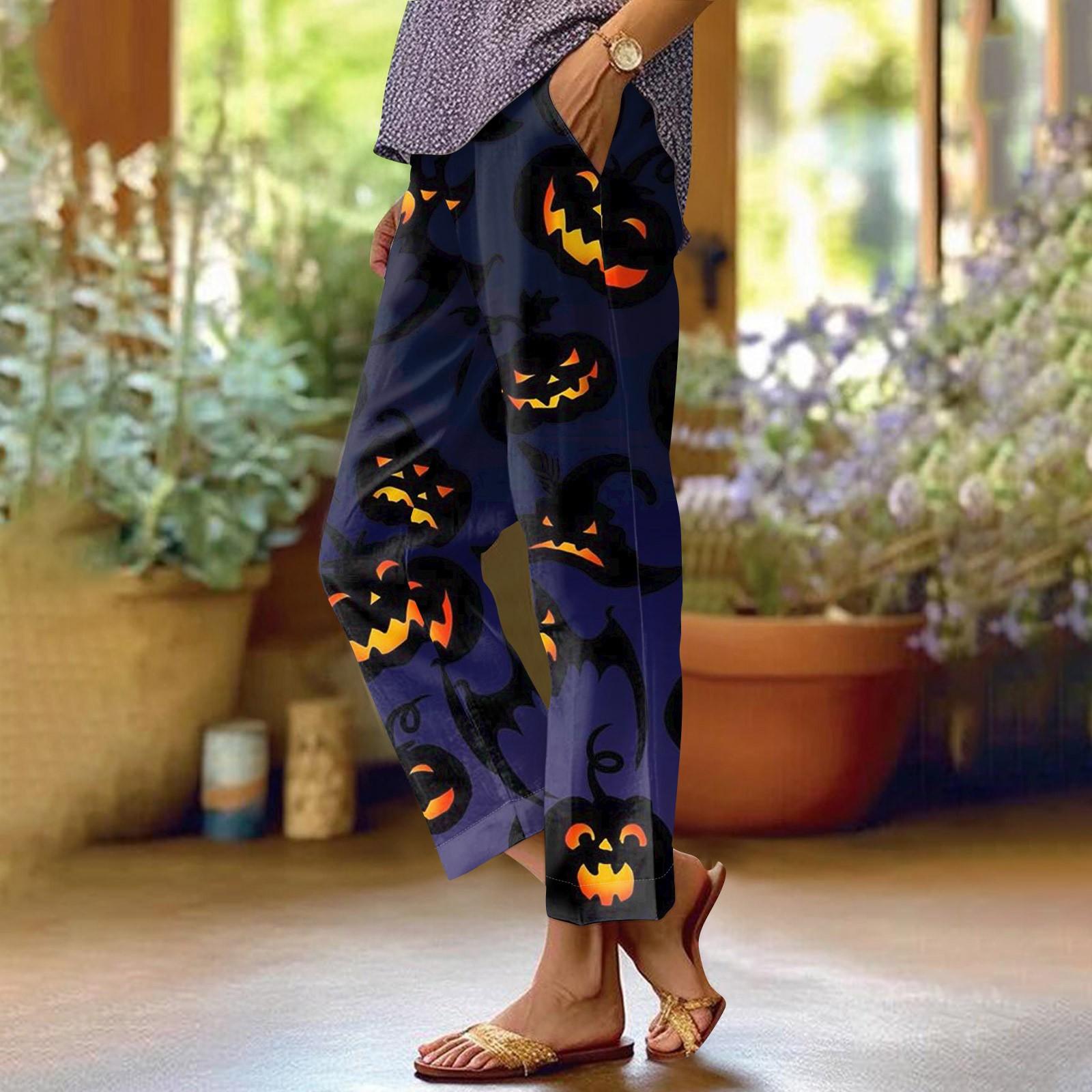 

Женская мода Хэллоуин принтованный карман эластичный пояс повседневные брюки повседневные свободные брюки L фиолетовый