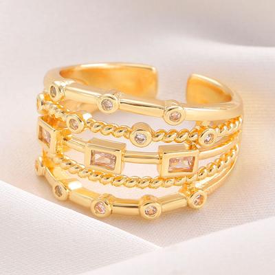 Women Ring Sparkling Geometric Cubic Zirconia Inlaid Adjustable Opening Multi-Layer Stacking Design Finger Band Jewelry Gift