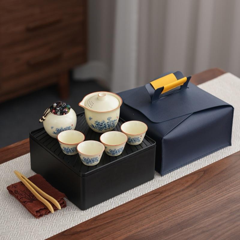 High-value peony travel Qingyun small set Huang Ru kiln business trip Kung Fu teacup portable leather bag gift