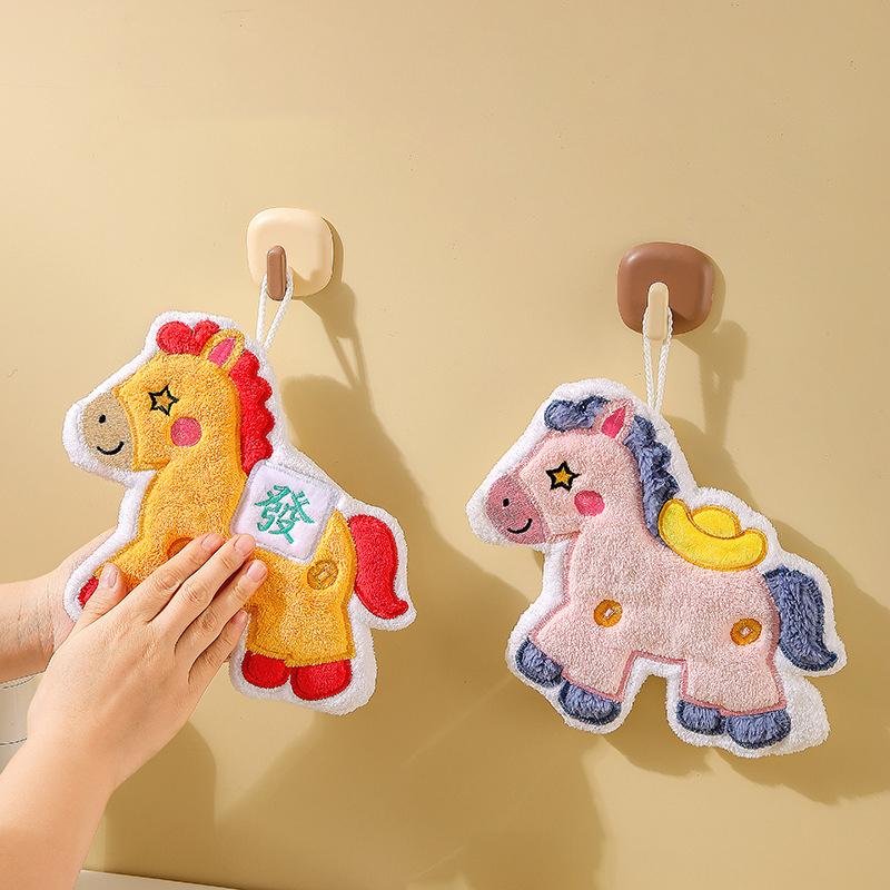 Creative Cartoon Cute Year Pony Hand Towel Coral Fleece Home Kitchen Bathroom Towel Thickened Hanging Absorbent Towels