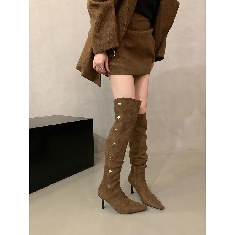 Pointed Suede Skinny Over-the-Knee Boots Women's Autumn and Winter Khaki Pile Long Knight High Heel Boots