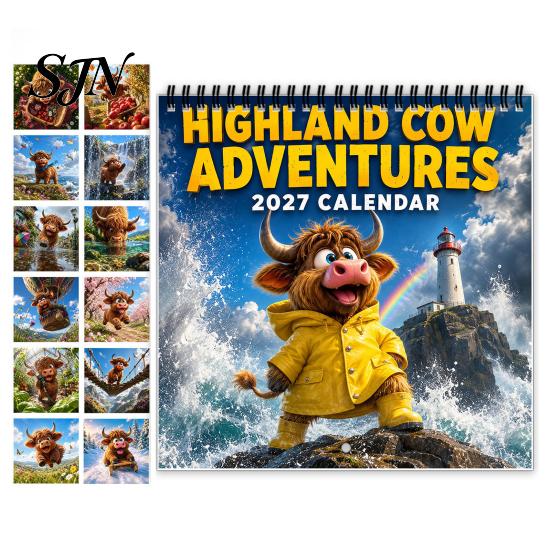 Functional Note Taking Planner 2027 Highland Cow Wall Calendar, 12-Month Adventure Themed with Spiral Yearly Goal Setting Journal Binding, Thick Paper