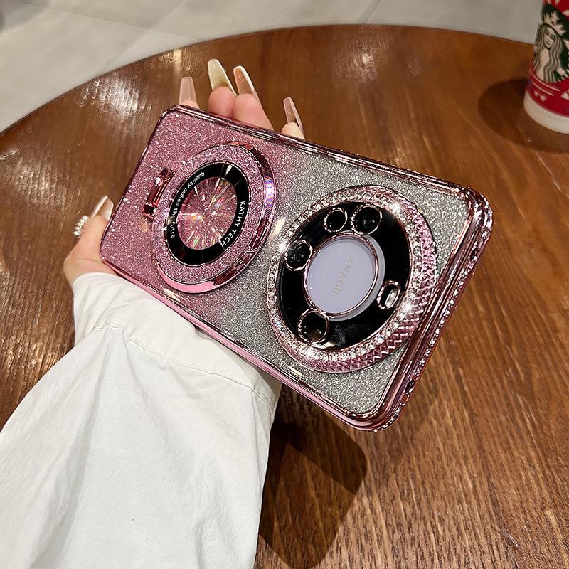 Magnetic Glitter Stand Is Suitable for Huawei Mate60pro Phone Cases with Water Diamond Edge Gradient P70 and P60 Couple
