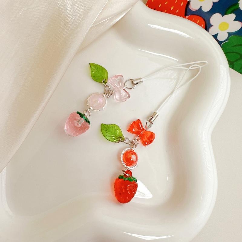 Stylish Acrylic Strawberry Green Leaf Phone Strap Mobile Hanging Decoration Charm for Decorative Fashion Use